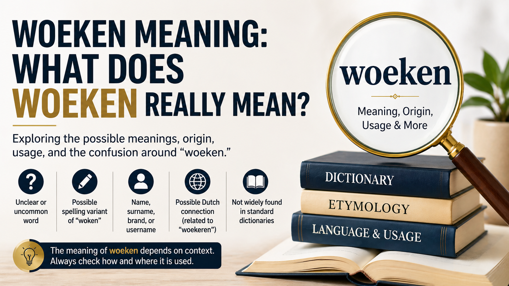 Woeken meaning infographic with books, magnifying glass, and keyword explanation.