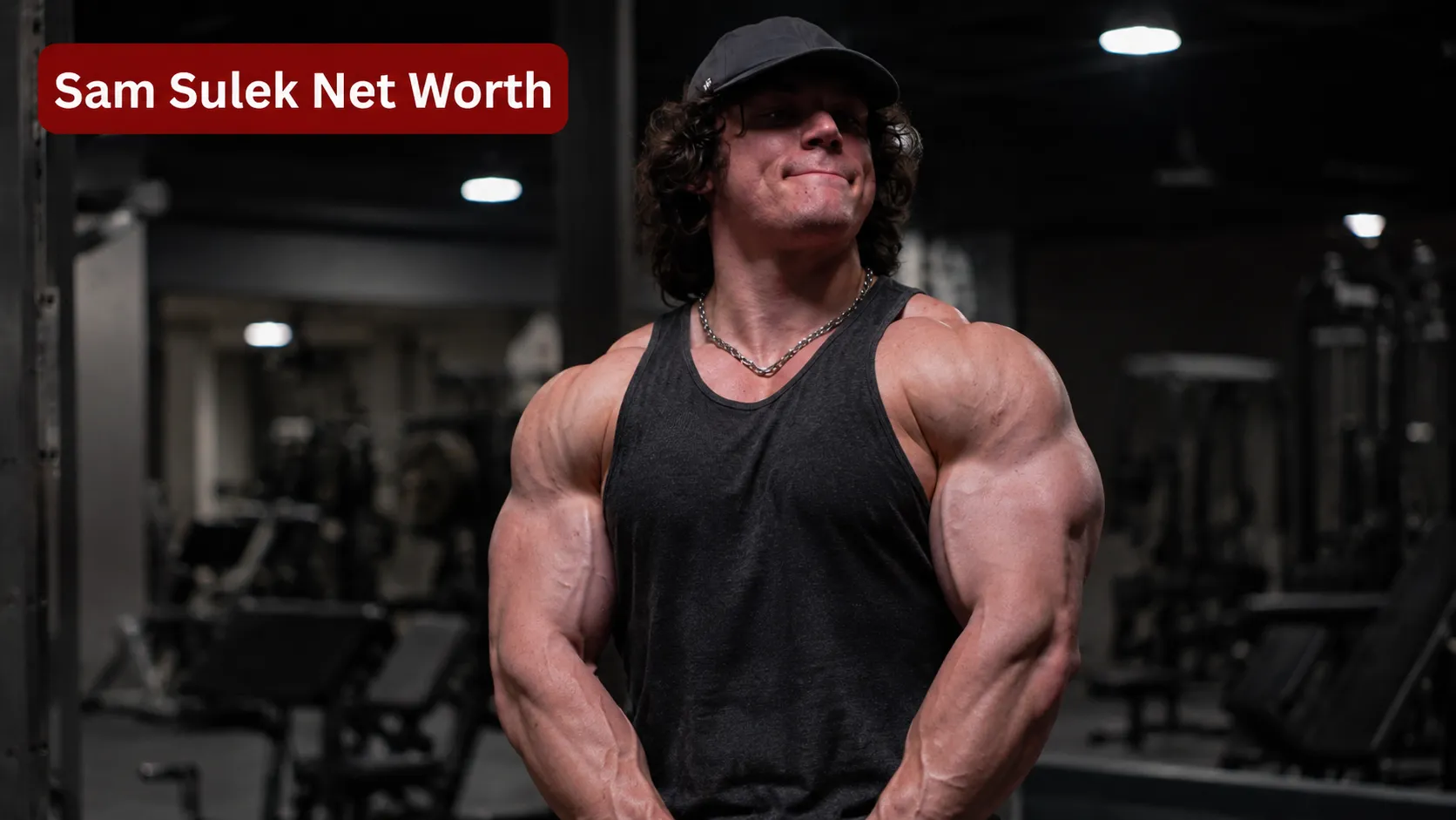 Sam Sulek net worth image featuring the fitness star in a gym setting with a bold title overlay.