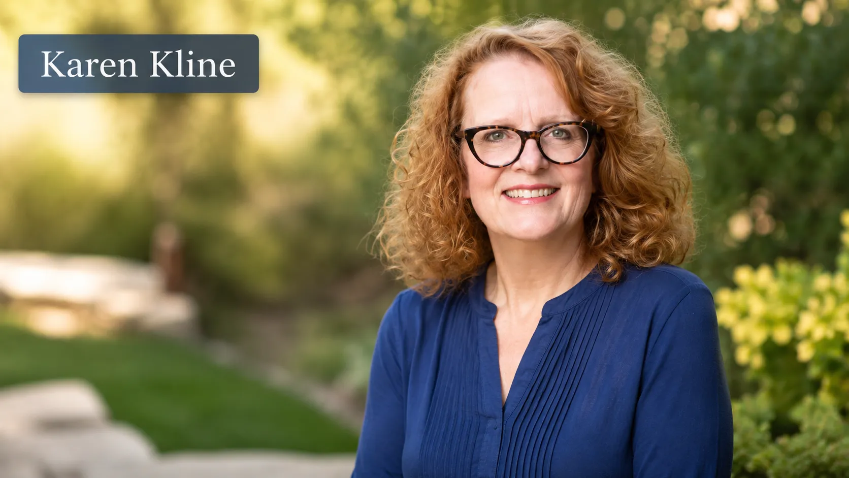 Karen Kline portrait with a soft background and name label in the upper corner.